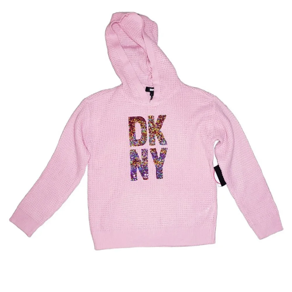 DKNY Girls Sz L Pink Flip Sequin Knit Hoodie Sweater(1486)